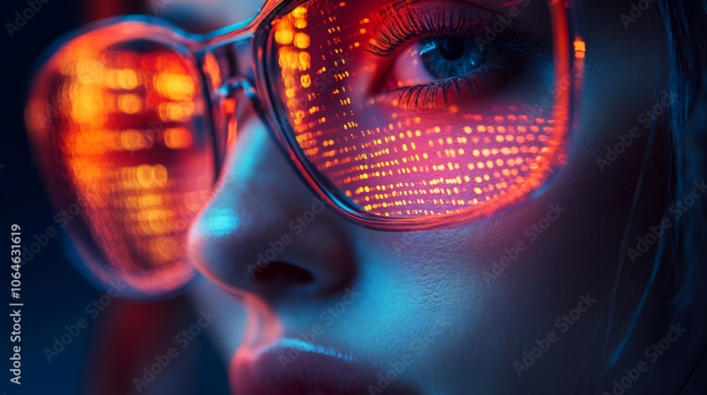 Poster person wearing smart glasses display a holographic interface for facial recognition security surroun