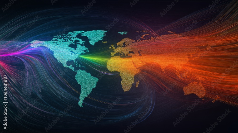 Poster colorful world map with dynamic flowing lines