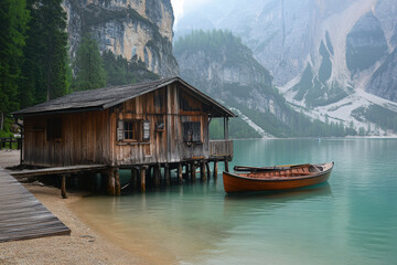Naklejka premium A serene lakeside scene featuring a wooden cabin and a boat amidst mountains.