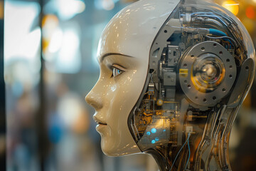 Fototapeta premium A close-up of a humanoid robot showcasing intricate mechanical components and a lifelike face.