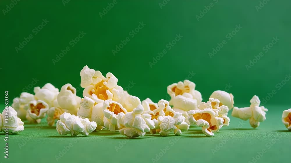 Poster delicious popcorn lying on a green screen background, perfect for replacing the background and creat