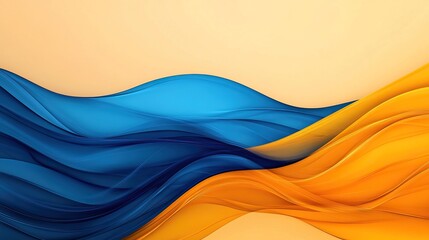 Naklejka premium An abstract design featuring flowing blue and yellow waves against a soft beige background, evoking a sense of movement and harmony.