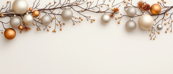 Elegant holiday decorations with gold and silver ornaments on a neutral background.