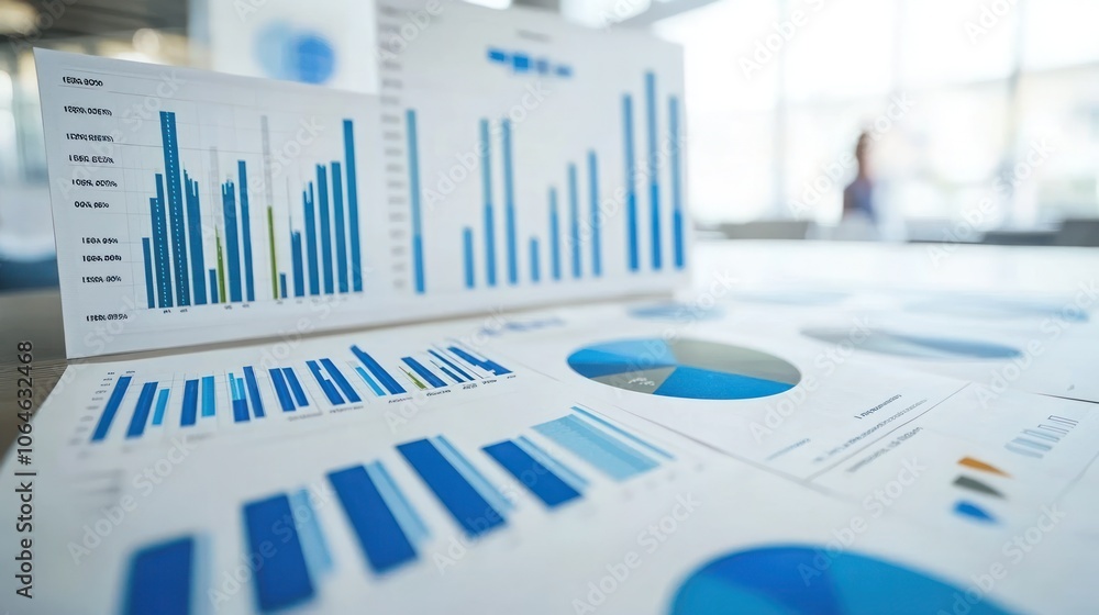 Aufkleber scattered charts and graphs on a table in a blurred office setting.