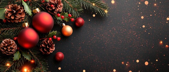 Festive Christmas decorations with ornaments and pine cones on dark background.
