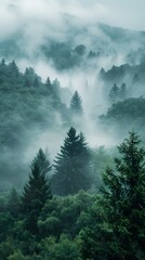 Misty Forest Landscape: Enchanting Aerial View of Evergreen Trees