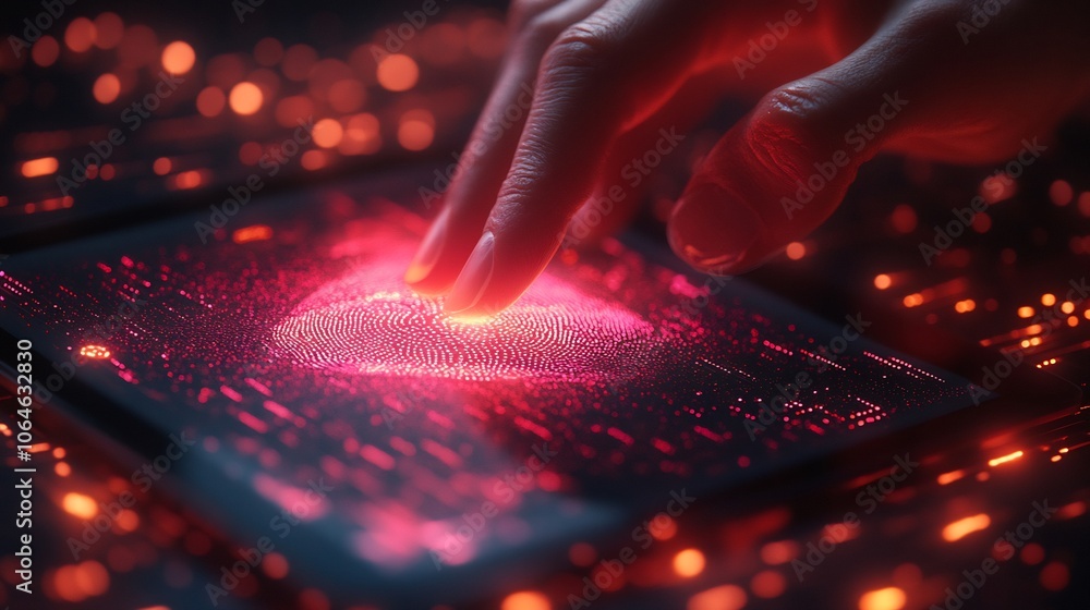 Poster person using biometric verification a secure financial transaction surrounded by glowing security el