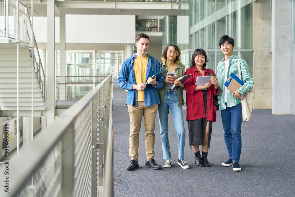 Poster グローバル、学生、グループ、大学生、外国人、日本人、留学生、留学、キャンパス、大学、友達、多国籍、インターナショナル、国際、ダイバーシティ、インクルージョン、多様性、多人種、交流、チームワーク、男性、