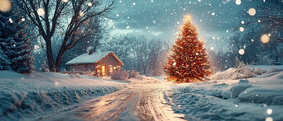 Snowy landscape with a decorated Christmas tree and a cozy cabin in winter.