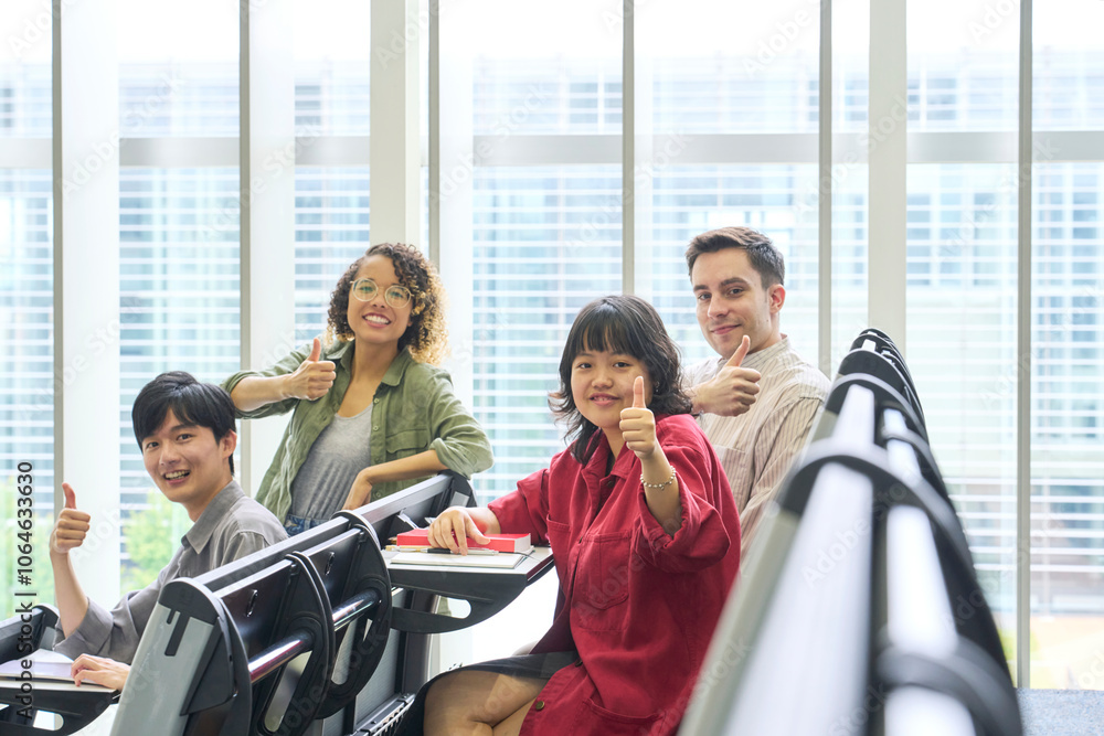 Poster 学生、大学生、グループ、サムアップ、いいね、グローバル、教室、笑顔、ポジティブ、授業、教育、勉強、グッド、留学、留学生、外国人、日本人、若い、Z世代、20代、カジュアル、キャンパス、ホームステイ、ワーキングホリデー、講義、講堂、明るい、爽やか、進学、男性、女性、英会話、国際、多国籍、多様性、インクルージョン、ダイバーシティ、多人種、チームワーク、仲間、友達、友人、友情、ハッピー、人材、大学、スクー