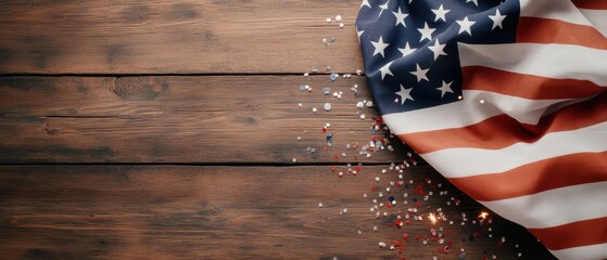 Obraz premium American flag draped on a wooden table with colorful confetti scattered.