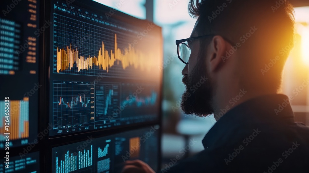 Poster a businessman analyzing stock market data on multiple computer screens.