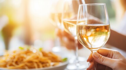 Obraz premium Cheers with sparkling white wine, pasta plate in background, bright warm ambiance.