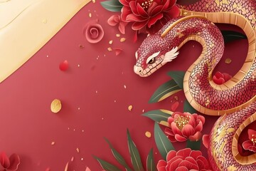 Obraz premium Red Snake with Flowers on a Red Background.