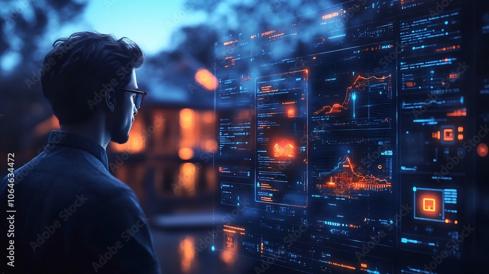 Poster person securing their smart home through holographic interface surrounded by icons for smart devices