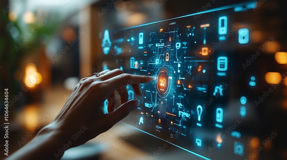 Poster person securing their smart home through holographic interface surrounded by icons for smart devices