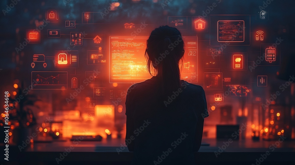 Poster person securing their smart home through holographic interface surrounded by icons for smart devices