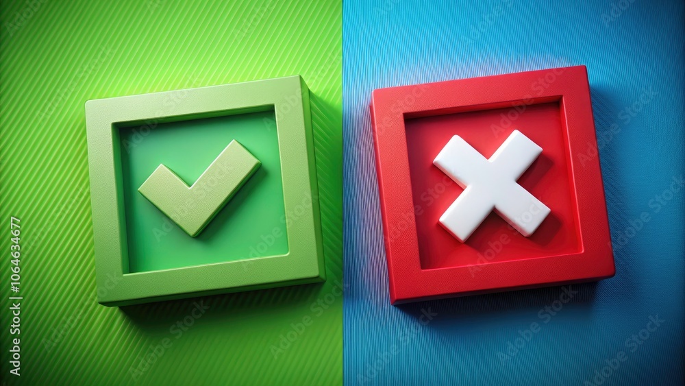 Poster right and wrong buttons: macro photography of green check mark and red cross icons for yes or no dec