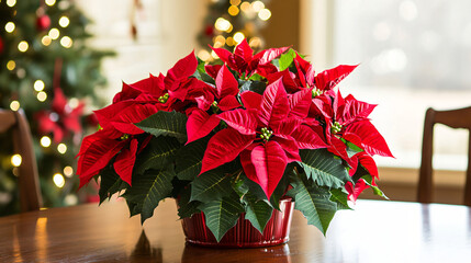 A beautiful poinsettia centerpiece on a Christmas dining table.
