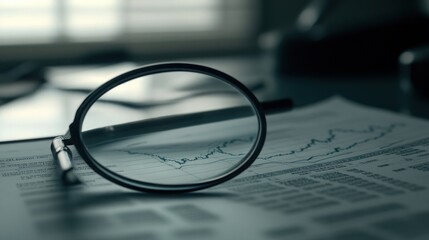 A magnifying glass over a financial chart, representing business analysis and growth.