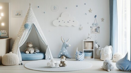 Cozy children's room with tent, stuffed toys, and star decorations in soft neutral tones.