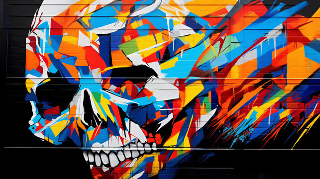 Fototapeta Street art graffiti on the wall with a colorful skull