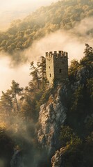 Ancient Stone Watchtower Overlooking Misty Forest