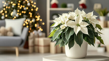 A beautiful poinsettia plant with white blooms in a holiday setting.
