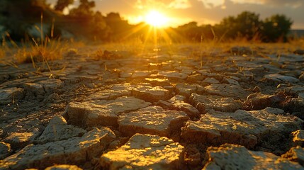 Obraz premium Golden Sunset Over Cracked Earth: Arid Landscape Photography
