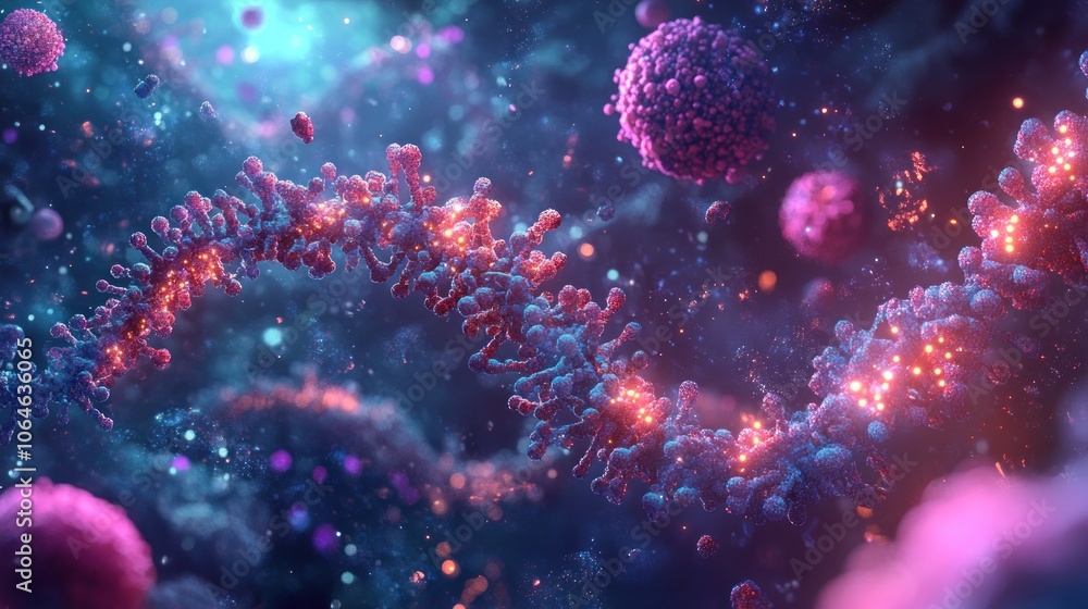 Poster a 3d illustration of a virus with a glowing core and other cell particles floating in a dark backgro