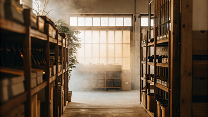 Obraz premium Ancient bookshelves line the walls of this historic library warehouse