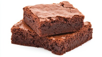 two chocolate brownies stacked, rich and fudgy texture, close-up view, isolated on white background