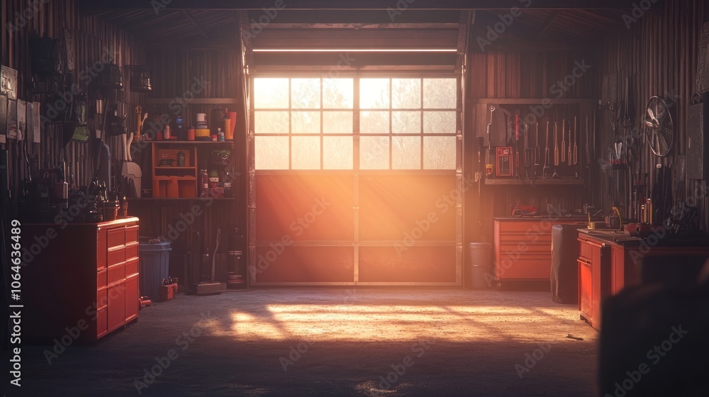 Poster sunlight streams through an open garage door illuminating the interior space with tools and storage.