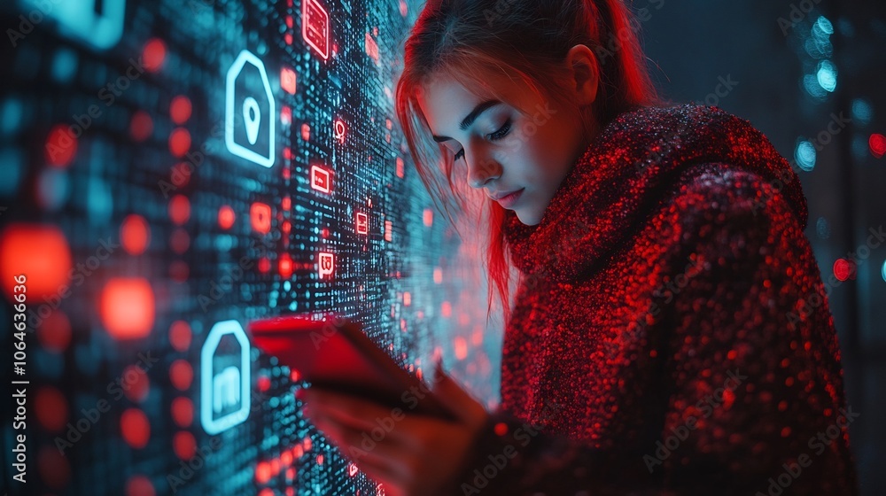 Poster person browsing social media their smartphone surrounded by holographic privacy shields and cyber se