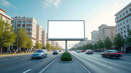 Fototapeta premium Empty billboard on busy street with blurred cars and urban buildings in the background 