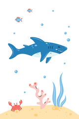 Vertical poster with shark. Character in children's style. vector illustration.