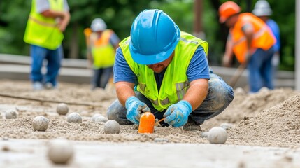 A construction worker in a helmet and safety vest measures the ground, surrounded by colleagues in safety gear, working on a construction site.