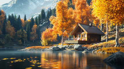 Obraz premium A beautiful riverside scene with a cozy cabin nestled among vibrant autumn trees.
