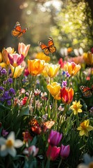 Obraz premium Colorful Tulips in a Spring Meadow with Butterflies