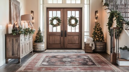 A rustic entryway decorated for the holidays with a wooden console table, a pair of wreaths, mini Christmas trees, and a warm area rug.