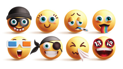 Emoji emoticon character vector set. Emojis 3d character with criminal, cute eyes, sick, happiness, watching, pirate, sneezing and sensored number eighteen facial expression design elements. Vector 