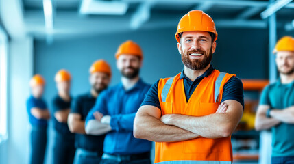 A group of construction workers in hard hats and vests, smiling confidently, stands together in a modern workspace.