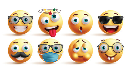 Obraz premium Emoji emoticon characters vector set. Emojis smile, dizzy, drool, happy, cool, sick, flu and nerd facial expressions graphic elements. Vector illustration yellow emoticons character collection. 