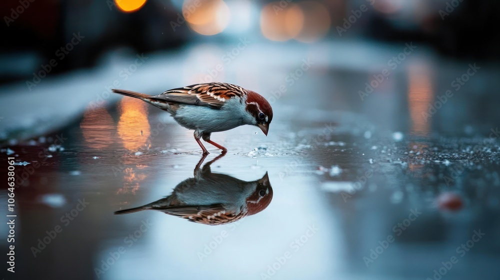 Poster a small sparrow stands in a puddle of water, its reflection visible in the still surface.