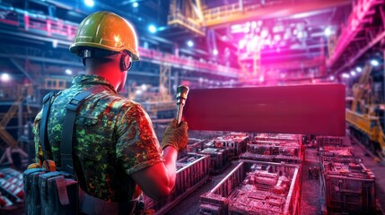 Fototapeta premium A worker in a helmet inspects machinery in a vibrant industrial setting, illuminated by colorful lights, showcasing a modern manufacturing environment.