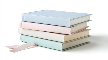 A stack of pastel-colored photo books on white background