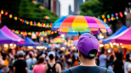 A vibrant street festival scene with colorful tents, lights, and a crowd enjoying the festive atmosphere under a bright umbrella.
