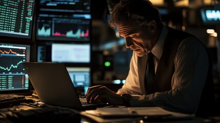 A businessman works on his laptop in a dark office with multiple monitors displaying financial charts.