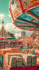 Vibrant Carnival Scene with Stacks of Cash and Attractions
