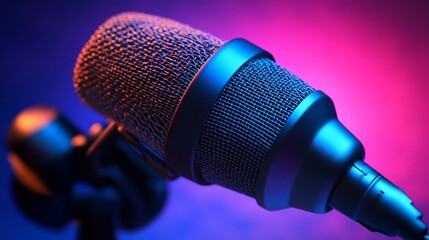 Obraz premium Close-up of a professional microphone with a blue and pink gradient background.